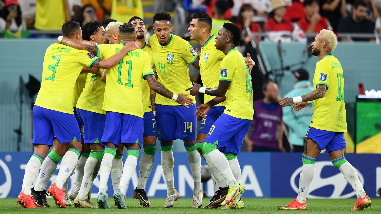 Brasil sukses raih kemenangan telak 4-1 atas Korea Selatan dalam lanjutan babak 16 besar Piala Dunia 2022, Selasa (06/12/22) di Stadium 974 - Ras Abu Aboud. Copyright: © REUTERS-Annegret Hilse