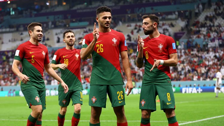 Selebrasi striker Portugal, Goncalo Ramos, usai jebol gawang Swiss dalam pertandingan babak 16 Piala Dunia 2022. Foto:REUTERS/Carl Recine. Copyright: © REUTERS/Carl Recine