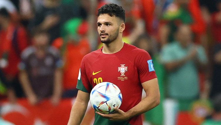 Striker muda Portugal, Goncalo Ramos, mencetak hattrick ke gawang Swiss dalam pertandingan babak 16 besar Piala Dunia 2022. Foto: REUTERS/Carl Recine. Copyright: © REUTERS/Carl Recine