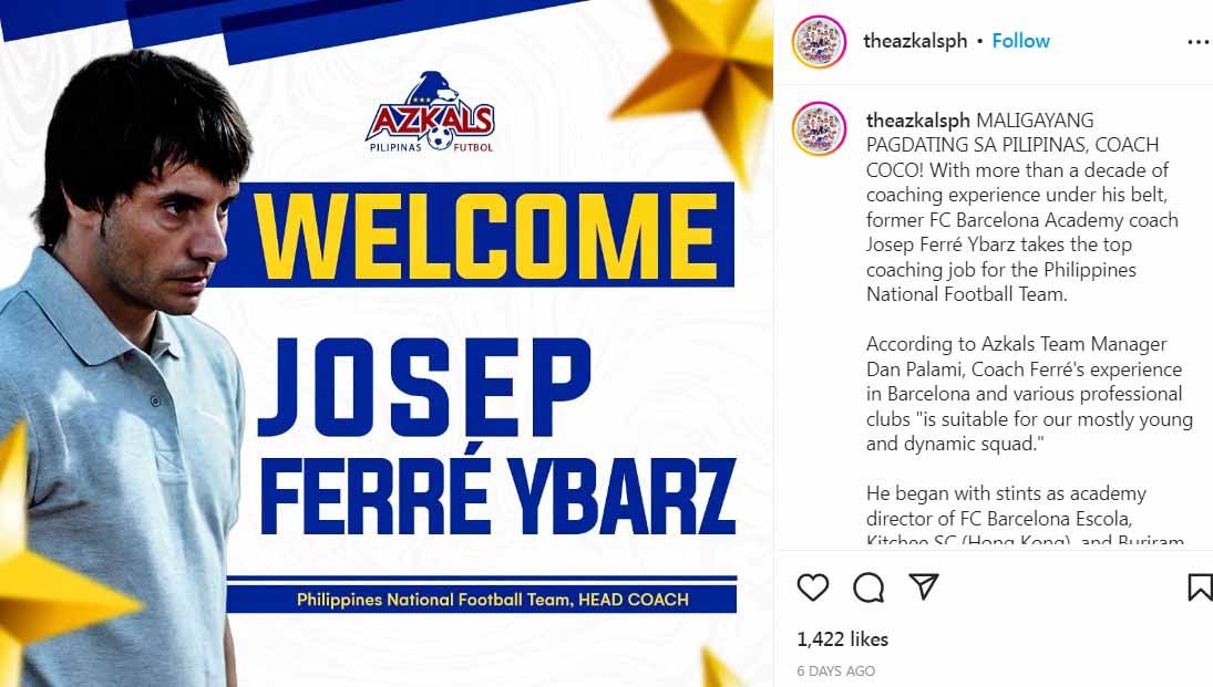 Pelatih anyar Timnas Filipina jelang Piala AFF 2022, Josep Maria Ferre Ybarz. Foto: Instagram@theazkalsph. Copyright: © Instagram@theazkalsph