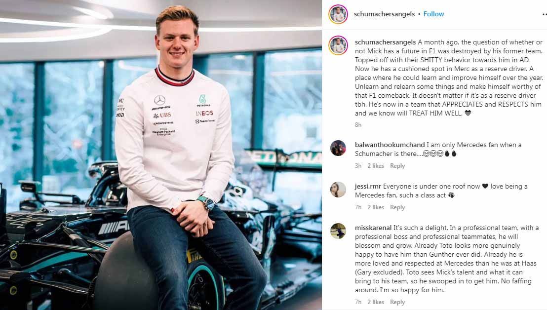 Putra legenda Formula 1 Michael Schumacher, Mick Schumacher resmi bergabung dengan tim Mercedes untuk F1 2023. (Foto: Instagram@schumachersangels) Copyright: © Instagram@schumachersangels