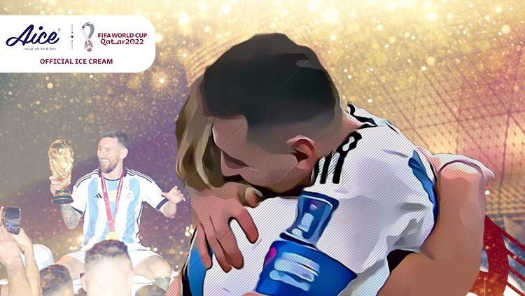 Doa ibu sertai sepanjang masa, tangis Lionel Messi di pelukan ibunda usai juara Piala Dunia 2022. Copyright: © Grafis: Al Ridho Jevin Saputra/INDOSPORT