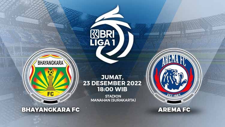 Prediksi pertandingan Liga 1 2022/23 antara Bhayangkara FC vs Arema FC yang akan dihelat pada lanjutan pekan ke-17 di Stadion Manahan Solo, Jumat (23/12/22). Copyright: © Grafis: Yuhariyanto/INDOSPORT