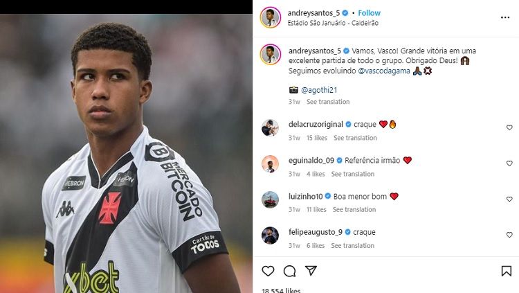 Andrey Santos, pemain klub Vasco da Gama yang jadi baru saja bergabung dengan Chelsea. (Foto: Instagram@andreysantos_5) Copyright: © Instagram@andreysantos_5