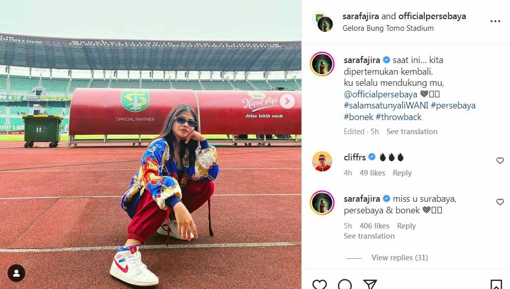 Artis dan penyanyi yang populer dengan lagu Lathi, Sara Fajira, unggah cerita kangen klub sepak bola Liga 1, Persebaya Surabaya, yang justru bikin bonek penasaran. Copyright: © Instagram@sarafajira