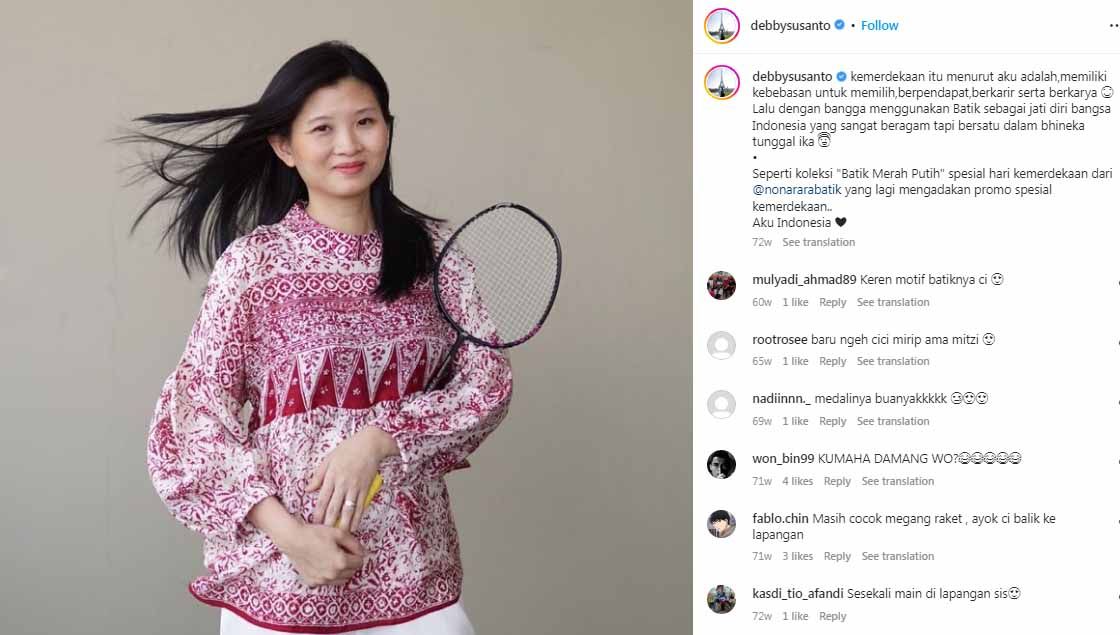 Tim bulutangkis Indonesia tak full team datang ke Thailand Open 2023, legenda ganda campuran Debby Susanto ikut memberikan komentar pedasnya di Youtube. Copyright: © Instagram@debbysusanto