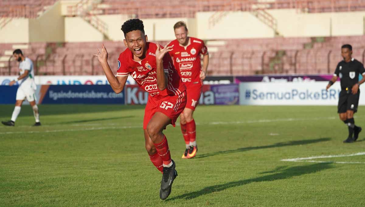 Selebrasi pemain Persija Jakarta Ginanjar Wahyu Ramadhani usai mencetak gol ke gawang PSS Sleman laga BRI Liga 1 di Stadion Sultan Agung, Bantul, Minggu (08/01/23). (Foto: Media Persija Jakarta) Copyright: © Media Persija Jakarta