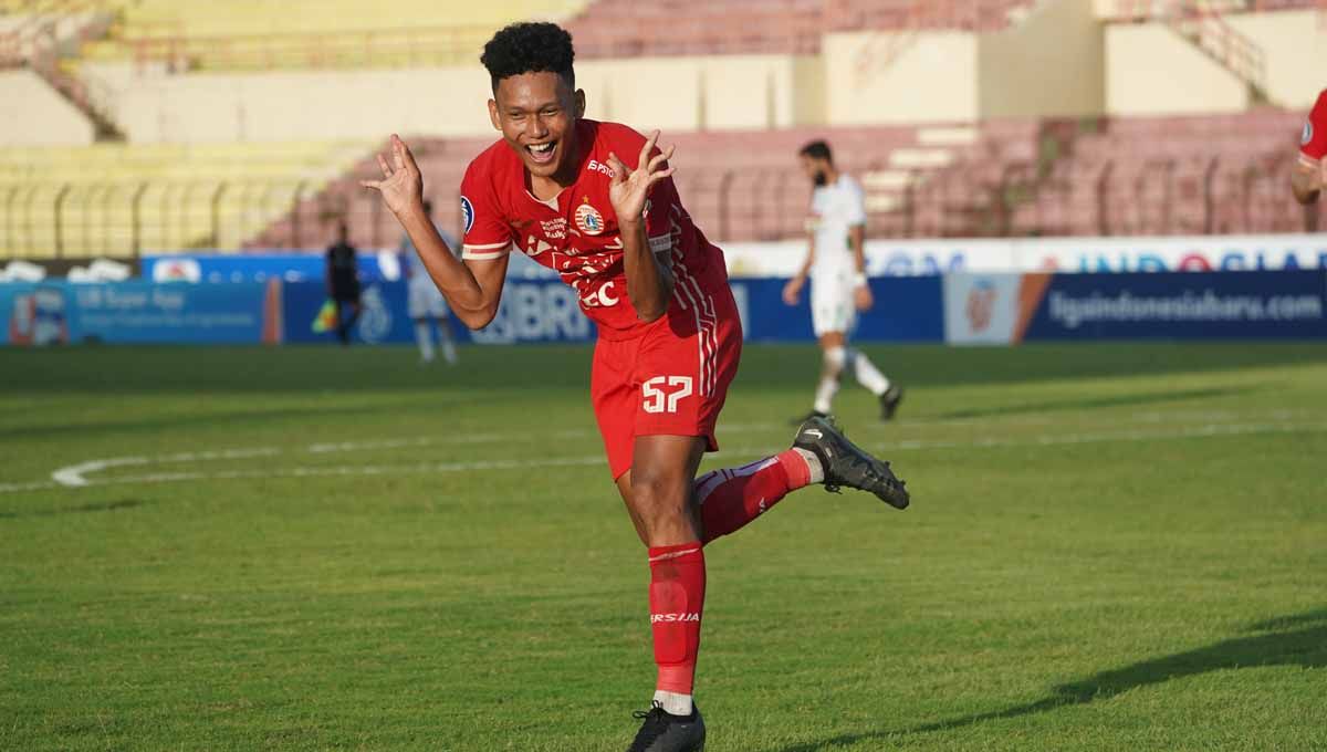 Selebrasi pemain Persija Jakarta Ginanjar Wahyu Ramadhani usai mencetak gol ke gawang PSS Sleman laga BRI Liga 1 di Stadion Sultan Agung, Bantul, Minggu (08/01/23). (Foto: Media Persija Jakarta) Copyright: © Media Persija Jakarta