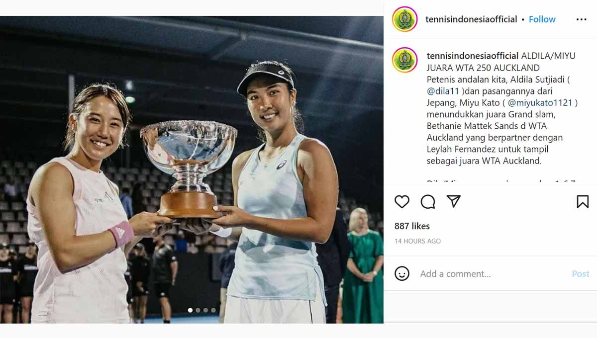 Ekspresi mengharukan petenis Indonesia, Aldila Sutjiadi, jadi sorotan kala mengganas tembus semifinal Indian Wells 2023 bersama partnernya, Miyu Kato. Copyright: © Instagram@tennisindonesiaofficial