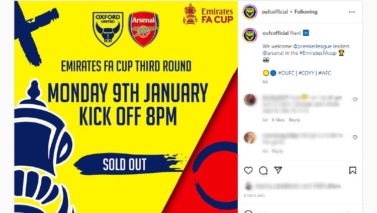 Oxford United, salah satu klub milik orang Indonesia yang tantang Arsenal dalam laga Piala FA Liga Inggris pada malam nanti, Selasa (10/01/23) dini hari WIB. Copyright: © instagram.com/oufcofficial