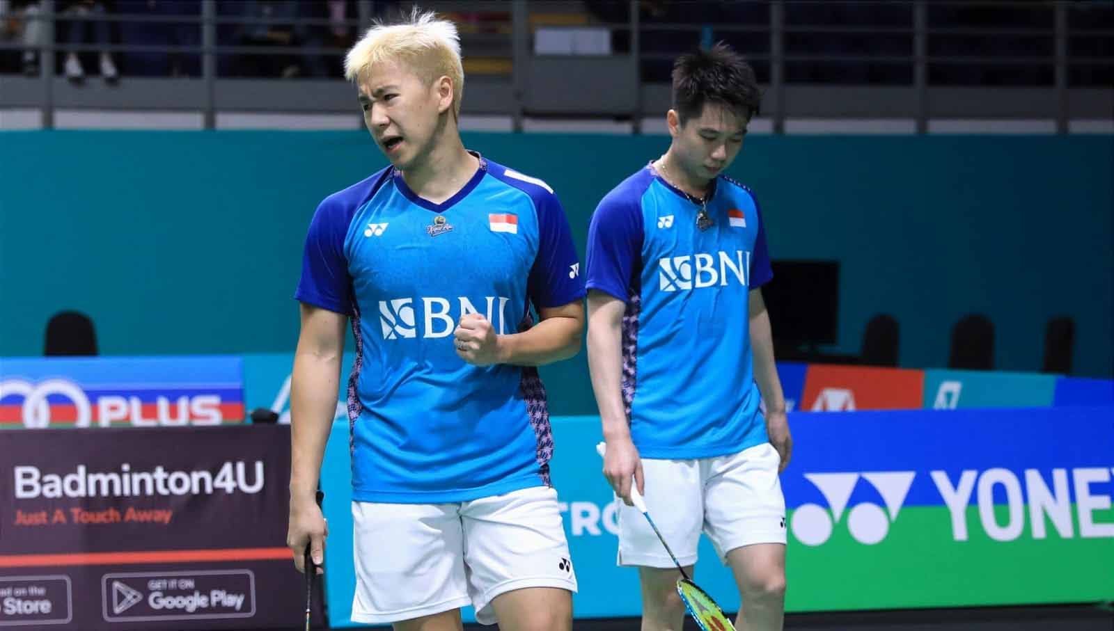 Ganda putra Indonesia, Marcus Fernaldi Gideon/Kevin Sanjaya Sukamuljo di Malaysia Open 2023. Mereka gagal meraih kemenangan, termasuk di Indonesia Masters 2023. (Foto: PBSI) Copyright: © PBSI