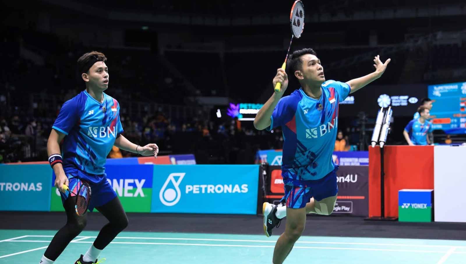 Terdapat momen unik dalam pertandingan babak 32 besar India Open 2023 antara Fajar Alfian/Muhammad Rian Ardianto melawan pasangan Korea Selatan, Choi Soi Gyu/Kim Won Ho. (Foto: PBSI) Copyright: © PBSI