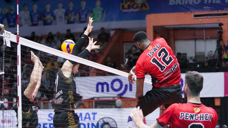 Tim voli putra Jakarta STIN BIN mengalahkan Palembang Bank Sumsel Babel 3-0 pada putaran kedua Proliga 2023, Jumat (13/01/2023). Copyright: © Jakarta STIN BIN