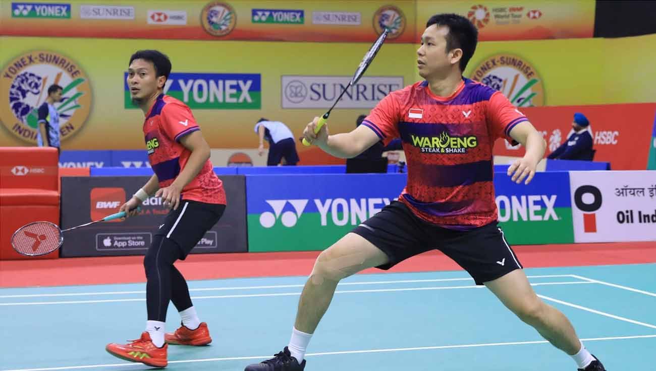 Pasangan ganda putra Indonesia, Mohammad Ahsan/Hendra Setiawan di India Open 2023. (Foto: PBSI) Copyright: © PBSI