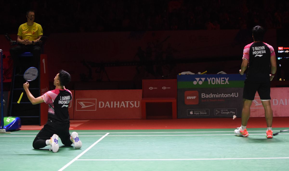 Pasangan Leo Rolly Carnando/Daniel Marthin berhasil menjadi juara sektor ganda putra Indonesia Masters 2023 di Istora Senayan, Minggu (29/01/23). Copyright: © Herry Ibrahim/INDOSPORT