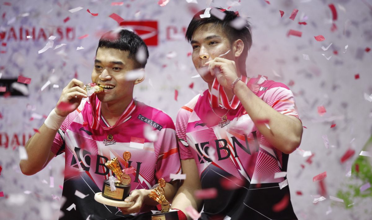 Pasangan Leo Rolly Carnando/Daniel Marthin berhasil menjadi juara sektor ganda putra Indonesia Masters 2023 di Istora Senayan, Minggu (29/01/23). Copyright: © Herry Ibrahim/INDOSPORT