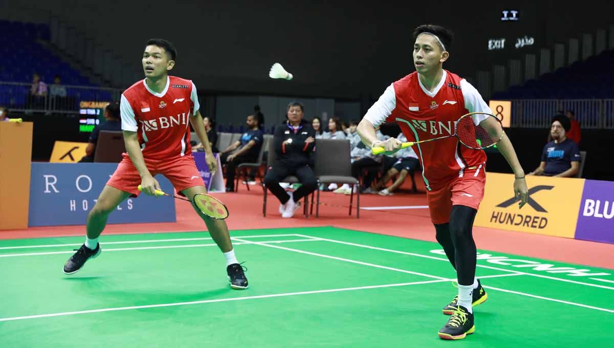 Pasangan ganda putra Indonesia Fajar Alfian/Muhammad Rian Ardianto di Badminton Asia Mixed Team Championships 2023. (Foto: PBSI) Copyright: © PBSI