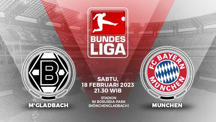 Simak link live streaming Liga Jerman (Bundesliga) antara Borussia Monchengladbach vs Bayern Munchen pada Sabtu (18/02/2023) pukul 21:30 WIB. Copyright: © Grafis: Yuhariyanto/INDOSPORT