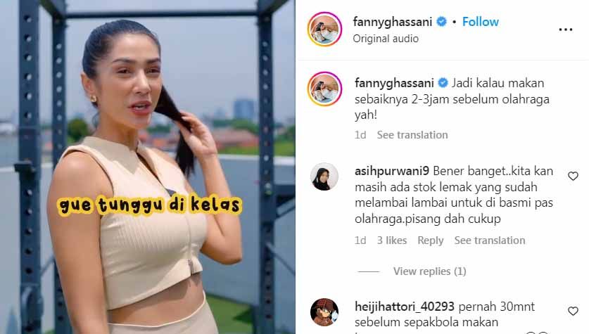 Fanny Ghassani bagikan tips workout bermanfaat untuk netizen. (Foto: Instagram@fannyghassani) Copyright: © Instagram@fannyghassani