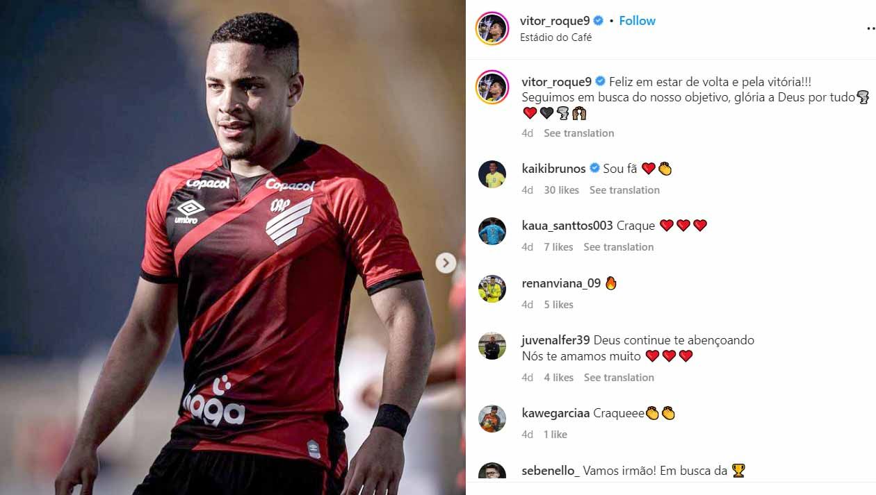 Manchester United dilaporkan telah melakukan pertemuan dengan pihak Vitor Roque, wonderkid asal Brasil yang diminati oleh klub besar top Eropa. (Foto: Instagram@vitor_roque9) Copyright: © Instagram@vitor_roque9