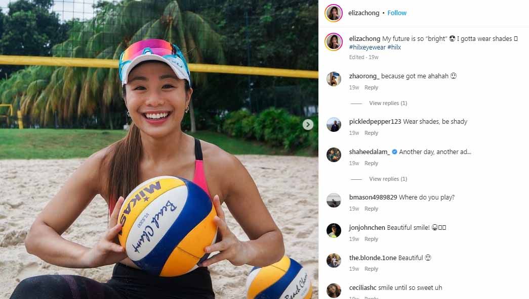 Mari mengintip pesona Eliza Chong, ratu voli pantai SEA Games asal Singapura dengan kecantikan di luar nalar. Dia pun rajin membintangi iklan sejumlah produk. Copyright: © Instagram@elizachong