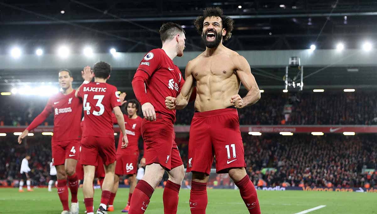 Selebrasi pemain Liverpool Mohamed Salah di laga Liga Inggris antara Liverpool vs Manchester United, 5 Maret 2023. (Foto: REUTERS/Carl Recine) Copyright: © REUTERS/Carl Recine