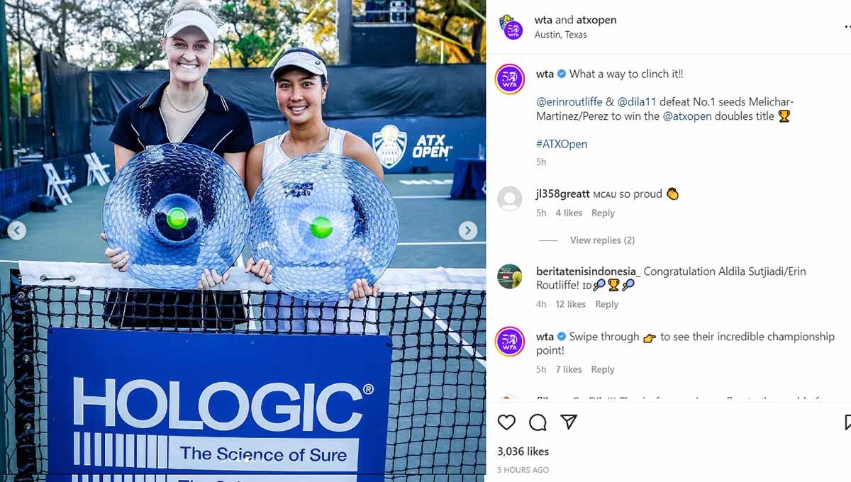 Petenis putri Indonesia Aldila Sutjiadi (kanan), saat berpasangan dengan Erin Routliffe (kiri), dan menjuarai ATX Open di Austin, Amerika Serikat, Senin (06/03/23). (Foto: Instagram @atxopen) Copyright: © Instagram@atxopen