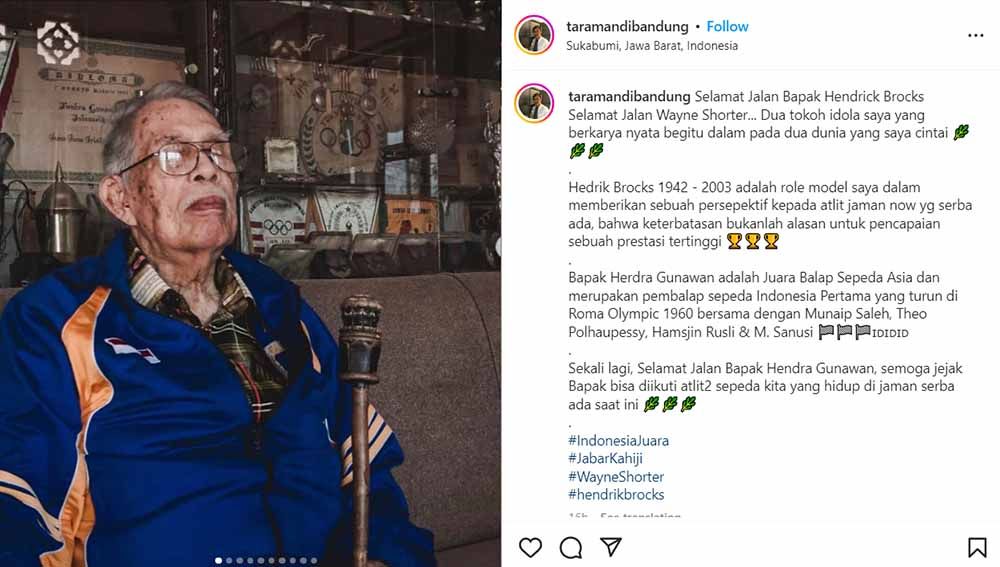 Legenda balap sepeda Indonesia juara Asian Games, Hendrik Brocks atau Hendra Gunawan, meninggal dunia pada usia 80 tahun, Rabu (08/03/23) Siang WIB di Sukabumi. Copyright: © Instagram@taramandibandung