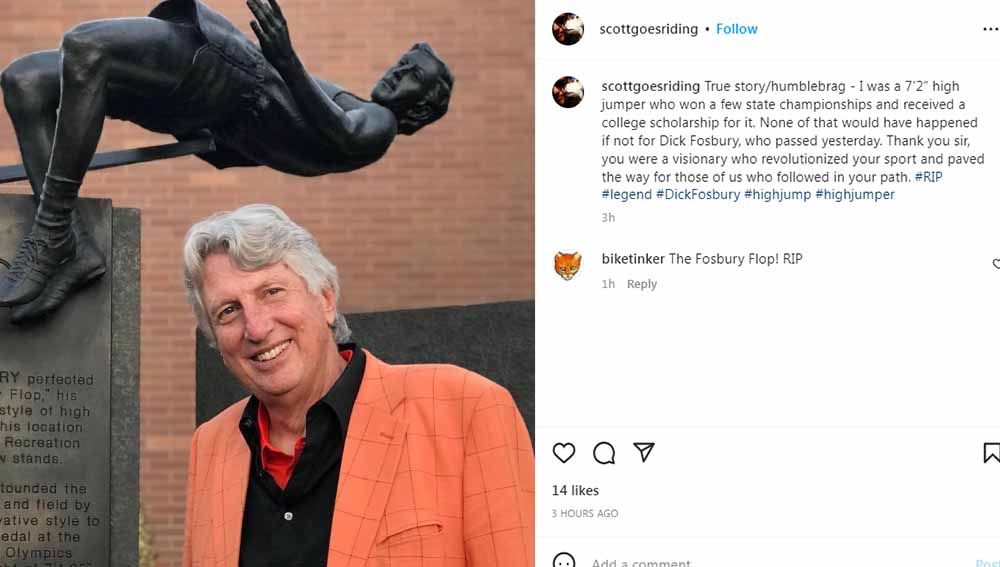 Dunia atletik berduka. Legenda lompat tinggi yang terkenal dengan gaya khasnya ‘Fosbury Flop’ yakni Dick Fosbury, meninggal dunia usai berjuang dengan kanker. Copyright: © Instagram@scottgoesriding