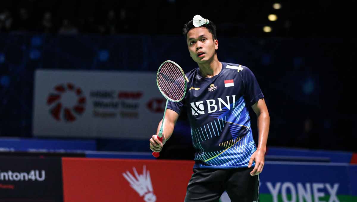 Tunggal putra Indonesia Anthony Sinisuka Ginting di laga perdana All England pada Selasa (14/3/2023) waktu Inggris. (Foto: PBSI) Copyright: © PBSI