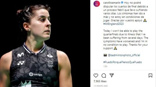 Curhat Carolina Marin usai mundur dari All England 2023 karena diserang demam. Copyright: © instagram story @carolinamarin