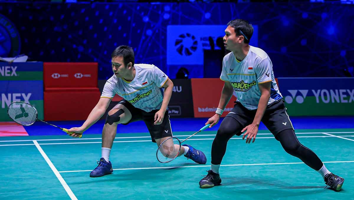 Hasil Badminton Asia Championships (BAC) 2023 antara Mohammad Ahsan/Hendra Setiawan vs Dev Ayyappan/Dhiren Ayyappan (UEA), dimenangkan wakil Indonesia. Copyright: © PBSI