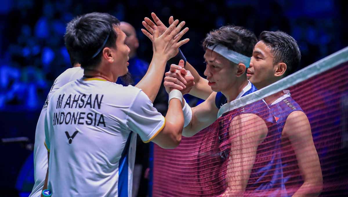 Pasangan ganda putra Indonesia, Fajar Alfian/Muhammad Rian Ardianto saat melawan Mohammad Ahsan/Hendra Setiawan di final All England 2023. (Foto: PBSI) Copyright: © PBSI