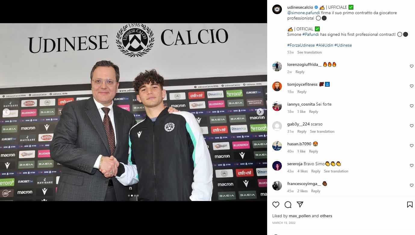 Gelandang Udinese, Simone Pafundi. (Foto: Instagram@udinesecalcio/simone.pafundi) Copyright: © Instagram@udinesecalcio/simone.pafundi