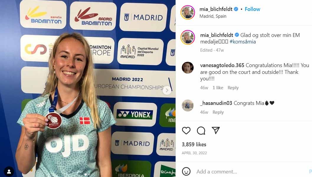 Mia Blichfeldt bakal menjadi tunggal putri non-unggulan yang bakal cetak sejarah usai berhasil tembus final Swiss Open 2023. (Foto: Instagram@mia_blichfeldt) Copyright: © Instagram@mia_blichfeldt