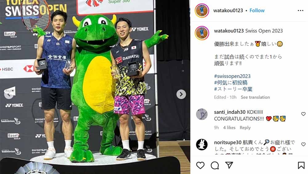Titisan Kento Momota yakni Koki Watanabe mendapat pujian luar biasa dari media Jepang usai ganas raih juara di Swiss Open 2023. Copyright: © Instagram@watakou0123