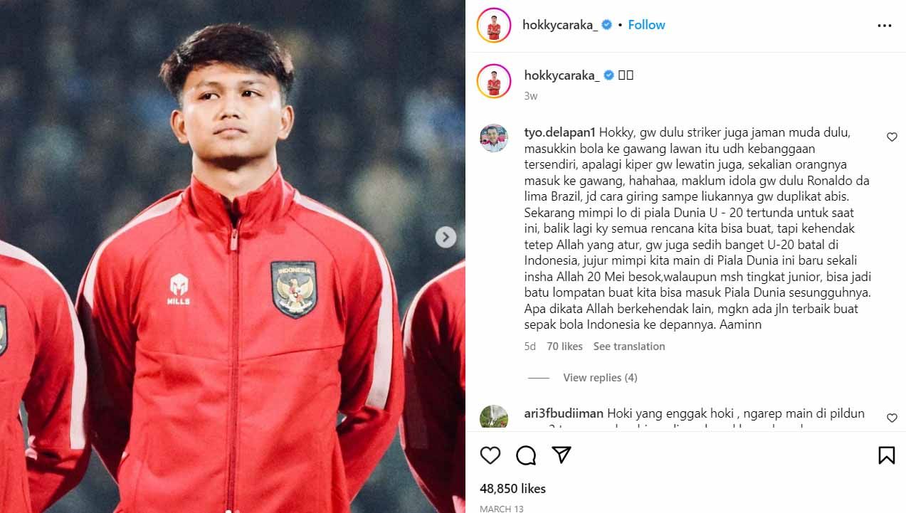 Bintang Timnas Indonesia U-20, Hokky Caraka, ternyata memiliki profesi pilihan andaikan FIFA resmi mem-banned sepak bola Indonesia dari seluruh turnamen.(Foto: Instagram@hokkycaraka_) Copyright: © Instagram@hokkycaraka_