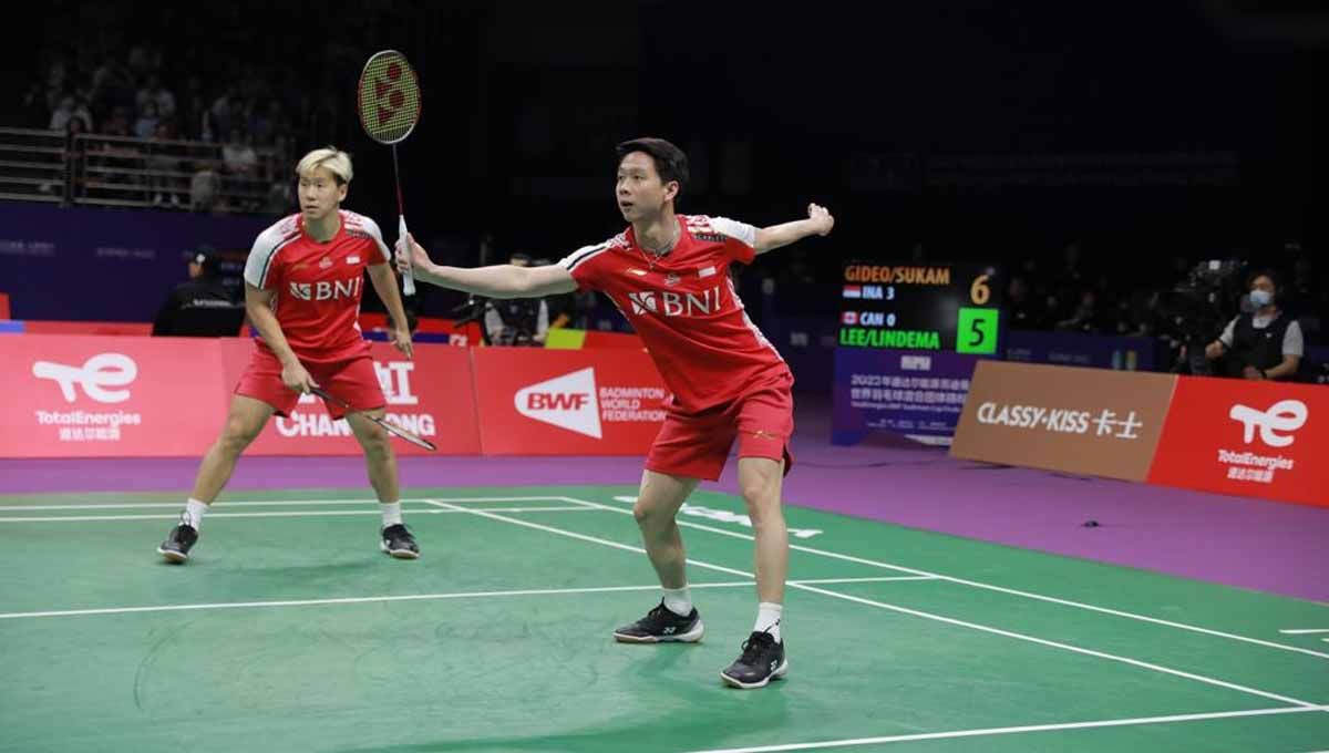 Pasangan ganda putra Indonesia, Kevin Sanjaya/Marcus Gideon di Piala Sudirman 2023. (Foto: PBSI) Copyright: © PBSI