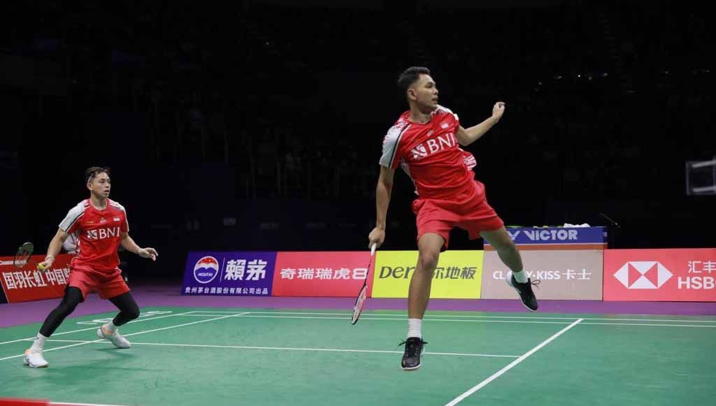 Ganda putra Indonesia, Fajar Alfian/ Rian Ardianto, gagal bekuk wakil Korea Selatan, Kang Min-hyuk/Seo Seung-jae, di babak 32 besar Malaysia Masters 2023. Copyright: © PBSI