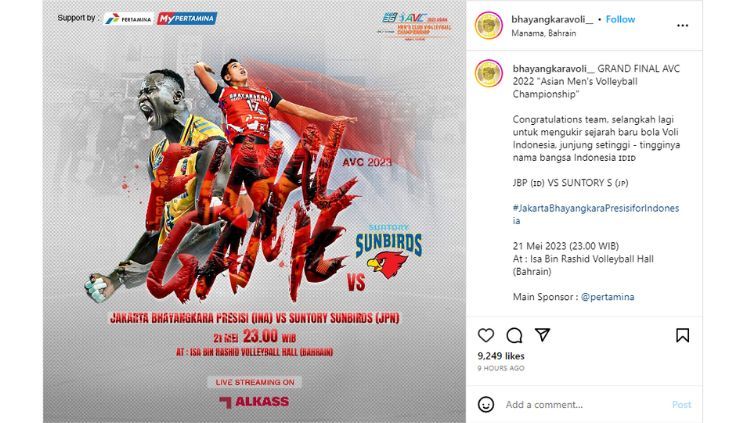 Hasil final kejuaraan voli klub Asia 2023 (Asian Men's Club Volleyball Championship) antara Suntory Sunbirds vs Jakarta Bhayangkara Presisi, Minggu (21/05/23). Copyright: © instagram.com/bhayangkaravoli__/
