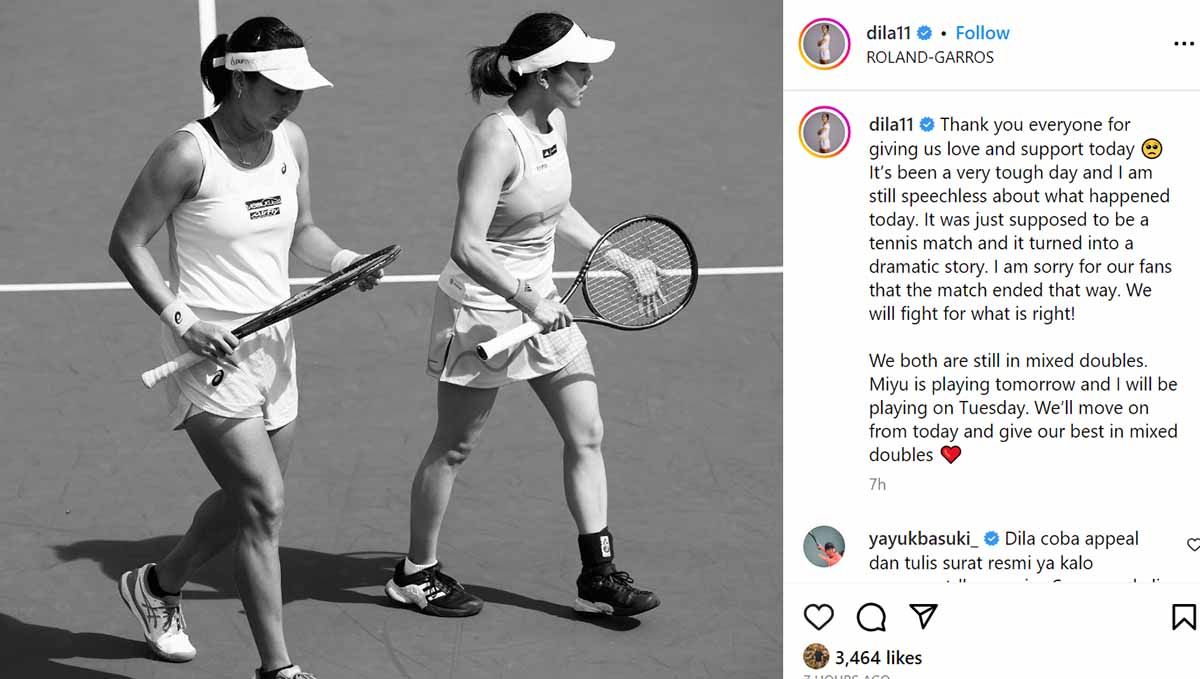 Legenda tenis Indonesia, Yayuk Basuki beri saran Aldila Sutjiadi ajukan banding usai didiskualifikasi dari French Open. (Foto: Instagram@dila11) Copyright: © Instagram@dila11