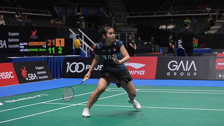 Gregoria Mariska dikandaskan ratu bulutangkis Chinese Taipei, Tai Tzu Ying, di babak 16 besar Singapore Open 2023 yang berlangsung Kamis (8/6/23), siang WIB. Copyright: © PBSI.