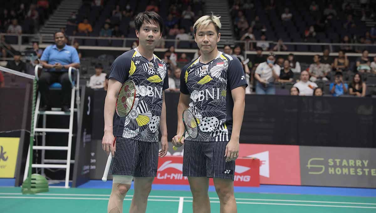 Pasangan ganda putra Indonesia, Marcus Fernaldi Gideon/Kevin Sanjaya Sukamuljo di Singapore Open 2023. (Foto: PBSI) Copyright: © PBSI