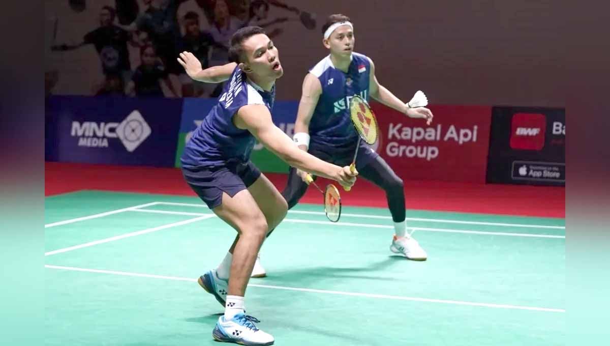 Pasangan ganda putra Indonesia, Fajar Alfian/Muhammad Rian Ardianto selepas laga babak 32 besar Indonesia Open 2023 hari ini, Selasa (13/06/23). (Foto: PBSI) Copyright: © PBSI