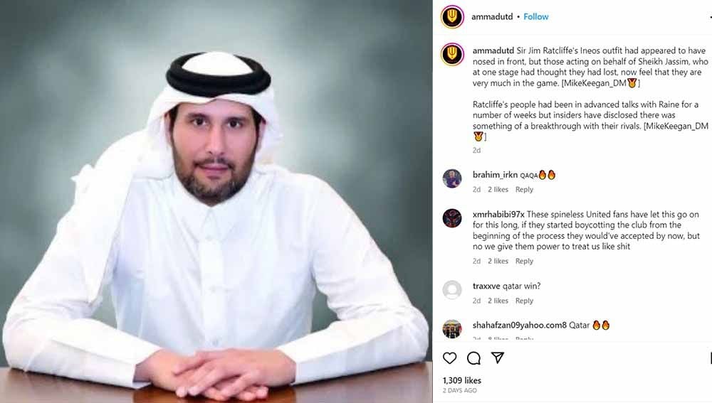 Sheikh Jassim bin Hamad Al Thani, bankir asal Qatar calon pemilik Manchester United. Foto: Instagram@ammadutd. Copyright: © Instagram@ammadutd