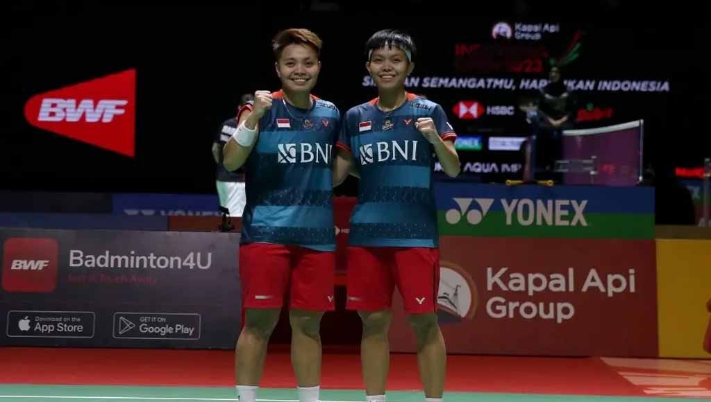 Pasangan ganda putri Indonesia Apriyani Rahayu/Siti Fadia Silva Ramadhanti di Indonesia Open 2023 usai menang atas wakil Jerman, Linda Elfer/Isabel Lohau, Rabu Rabu (14/06/23). (Foto: PBSI) Copyright: © PBSI