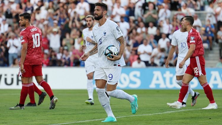 Olivier Giroud merayakan golnya di laga Kualifikasi Euro 2024 Gibraltar vs Prancis (17/06/23). (Foto: REUTERS/Violeta Santos Moura) Copyright: © REUTERS/Violeta Santos Moura