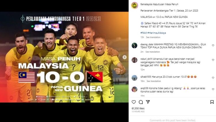 Timnas Malaysia menang 10-0 atas Papua Nugini. Foto: instagram/famalaysia. Copyright: © instagram/famalaysia