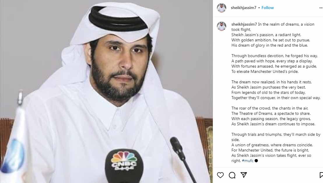 Sheikh Jassim bin Hamad Al Thani hanya tinggal menghitung hari mengakhiri rezim Keluarga Glazer dengan mengakuisisi klub Liga Inggris, Manchester United. (Foto: Instagram@sheikhjassim7) Copyright: © Instagram@sheikhjassim7