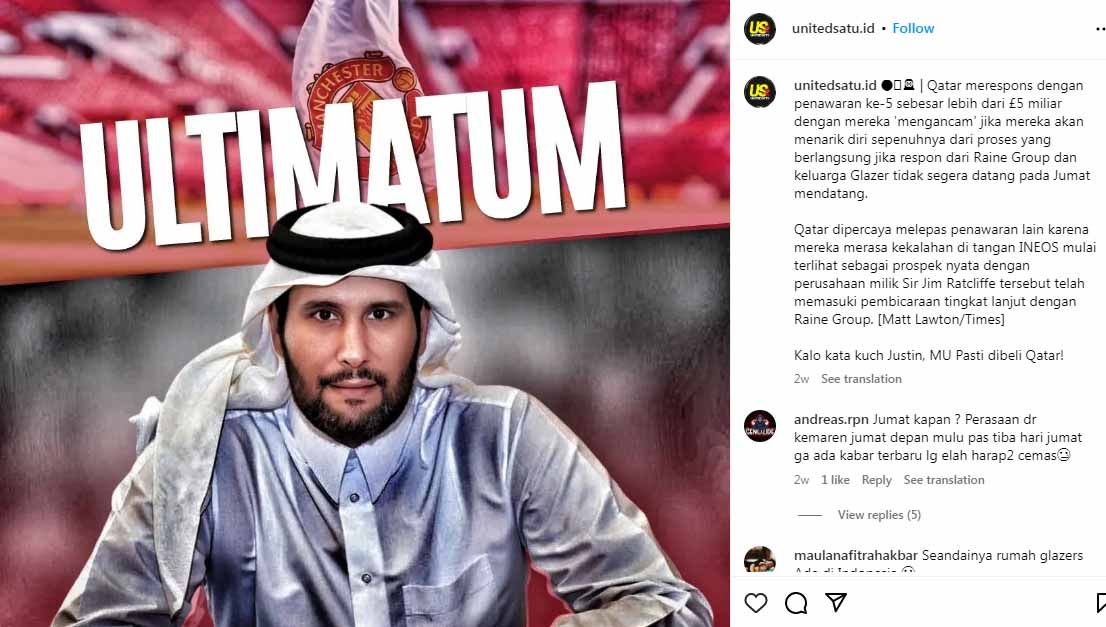 Sheikh Jassim melalui perwakilannya akhirnya buka suara dengan ancaman untuk Keluarga Glazer terkait akuisisi klub Liga Inggris, Manchester United. Copyright: © Instagram@unitedsatu.id